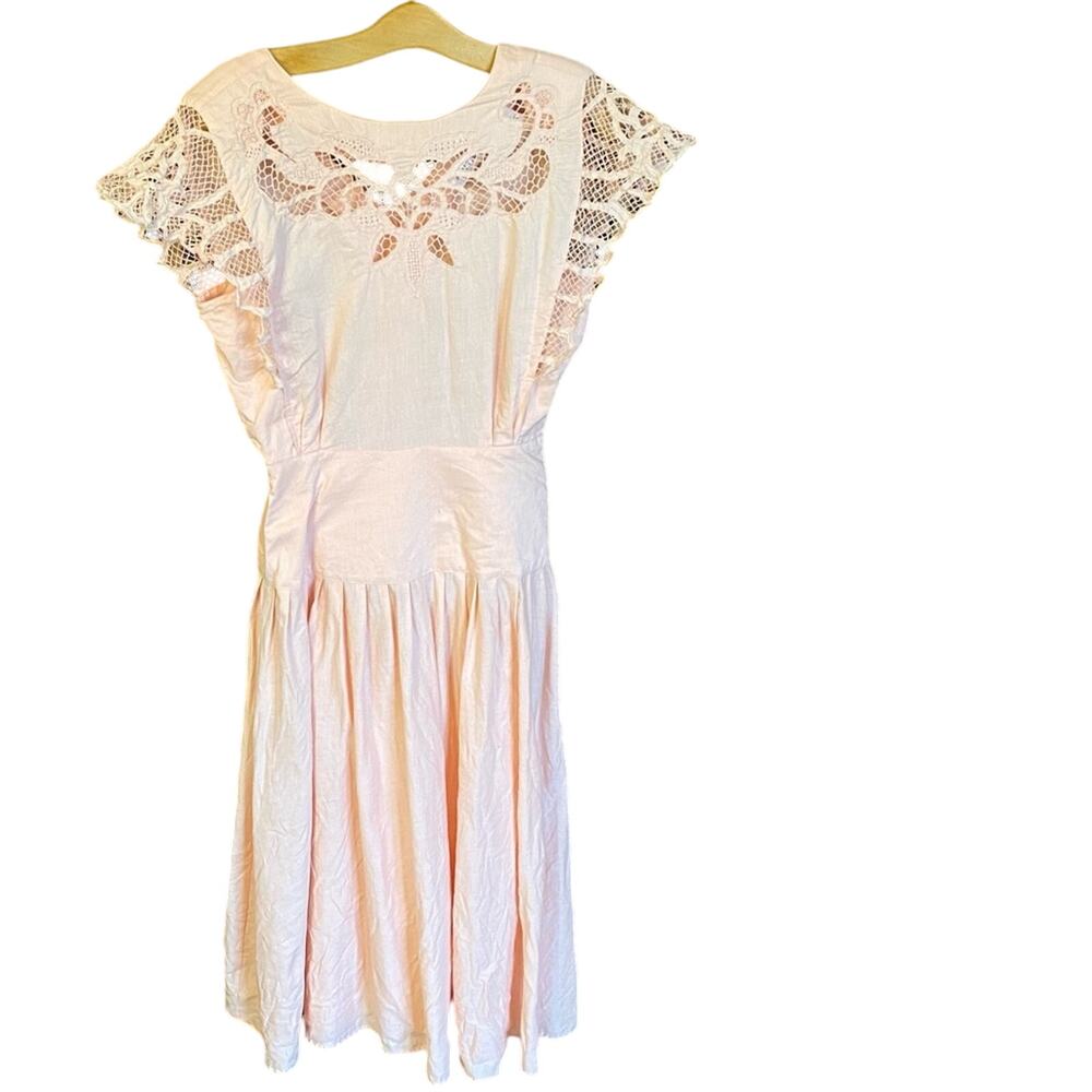 Grant park Peach Pleated Midi dress w Flutter Sleeve Cotton ramie eyelet size 8